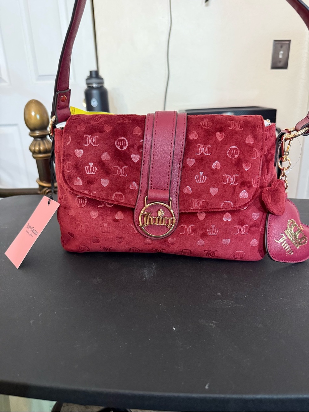 Y2K Juicy Couture Red Velvet Heart Monogram Crossbody Shoulder Bag Gold Accents